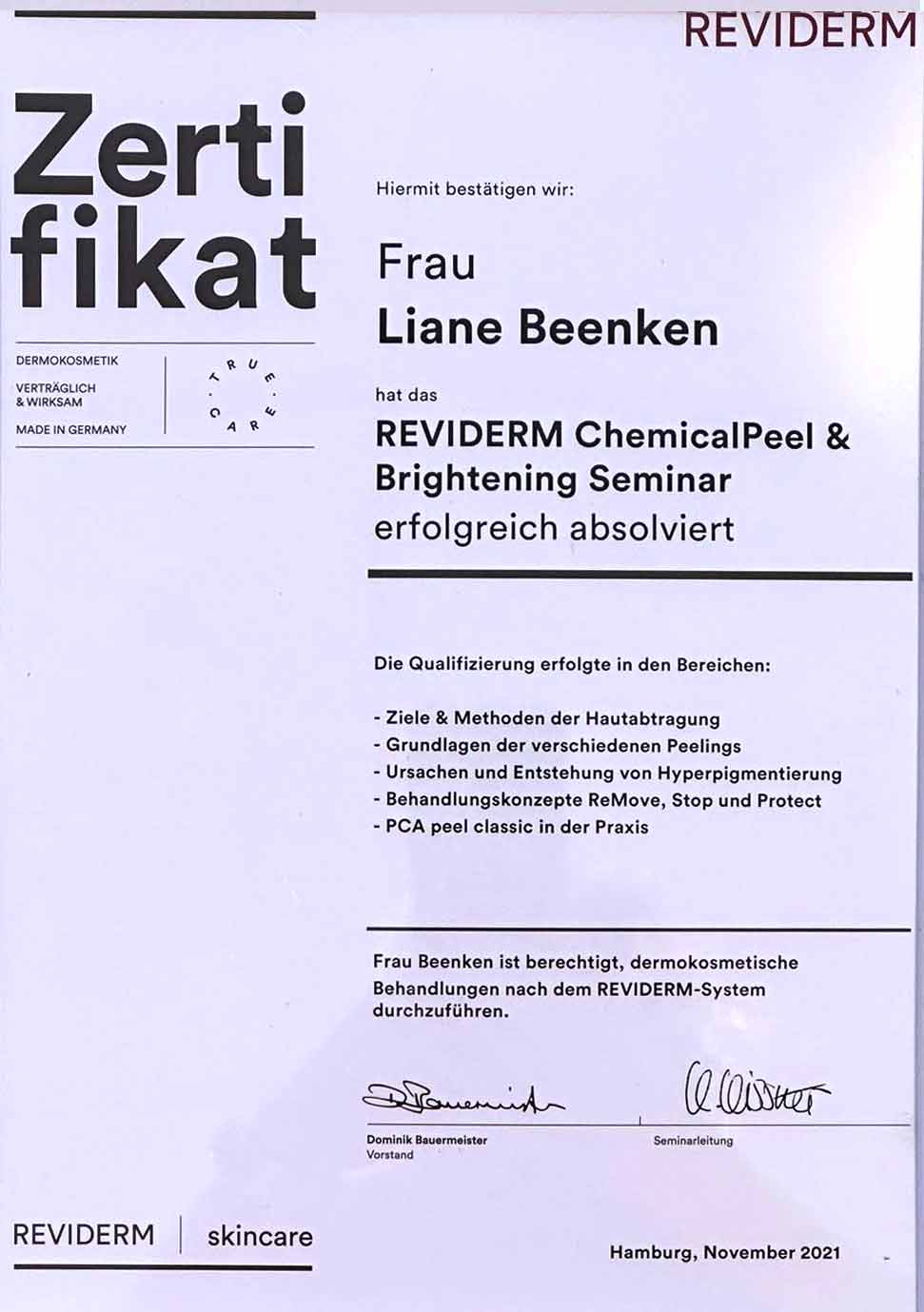 Zertifikat REVIDERM Fruchsäurepeeling